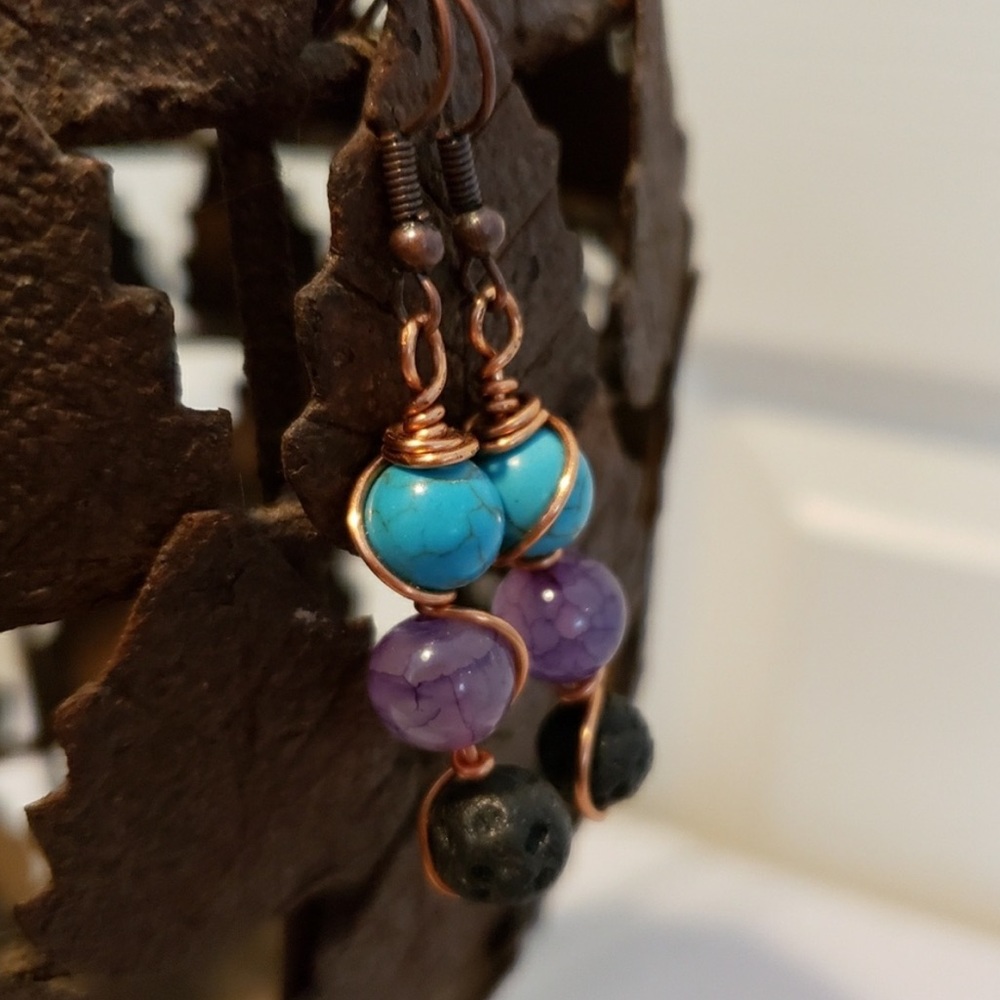 Semi Precious 3 bead BoHo Earrings Handmade.